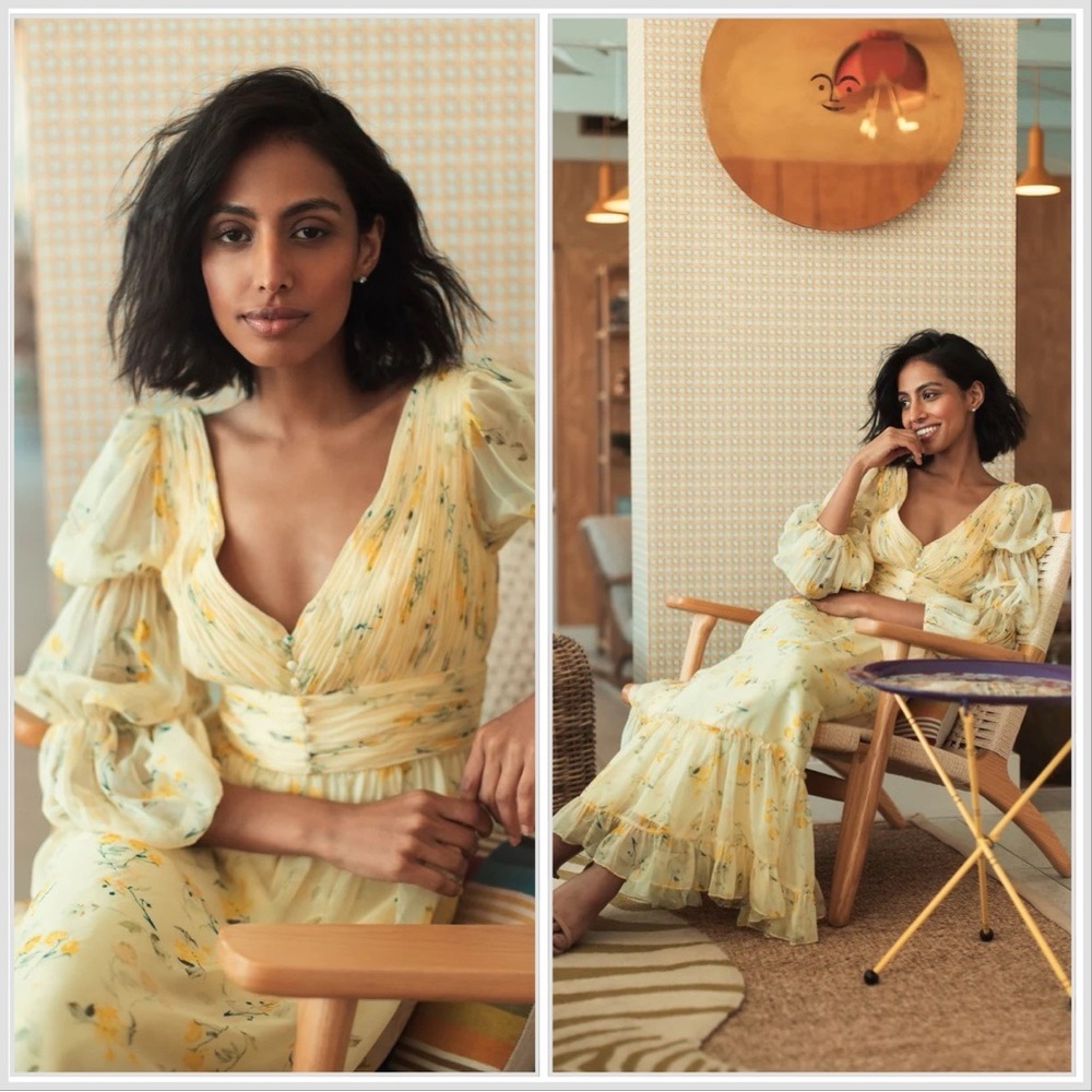 Mac Duggal Yellow Floral Chiffon Illusion Tiered Puff Sleeve Midi Dress …